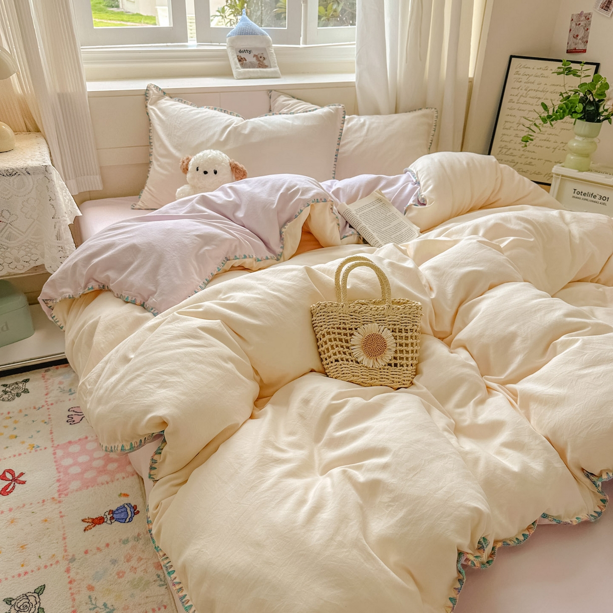 91家纺网 家纺一手货源 找家纺 冕悠家纺 2025新款A类七彩贝壳边水洗棉四件套 七彩-暮山紫芝士粉