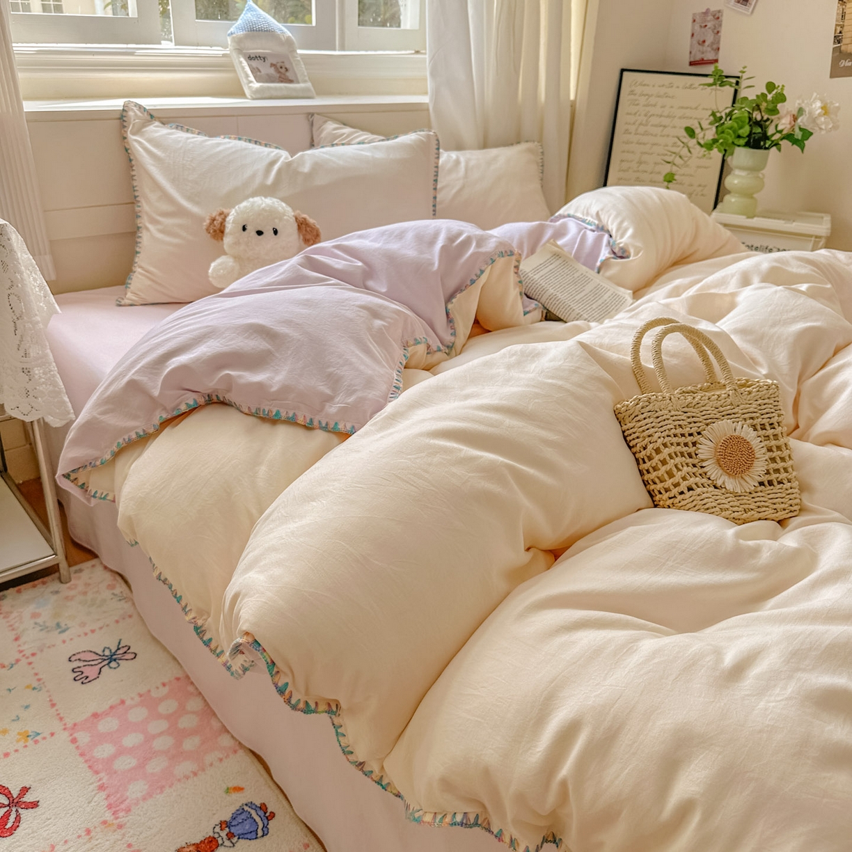 91家纺网 家纺一手货源 找家纺 冕悠家纺 2025新款A类七彩贝壳边水洗棉四件套 七彩-暮山紫芝士粉