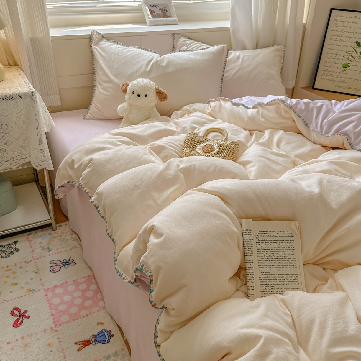 91家纺网 家纺一手货源 找家纺 冕悠家纺 2025新款A类七彩贝壳边水洗棉四件套 七彩-暮山紫芝士粉