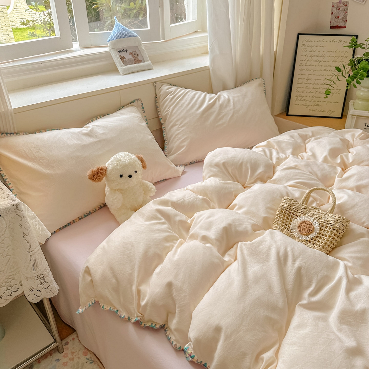 91家纺网 家纺一手货源 找家纺 冕悠家纺 2025新款A类七彩贝壳边水洗棉四件套 七彩-暮山紫芝士粉