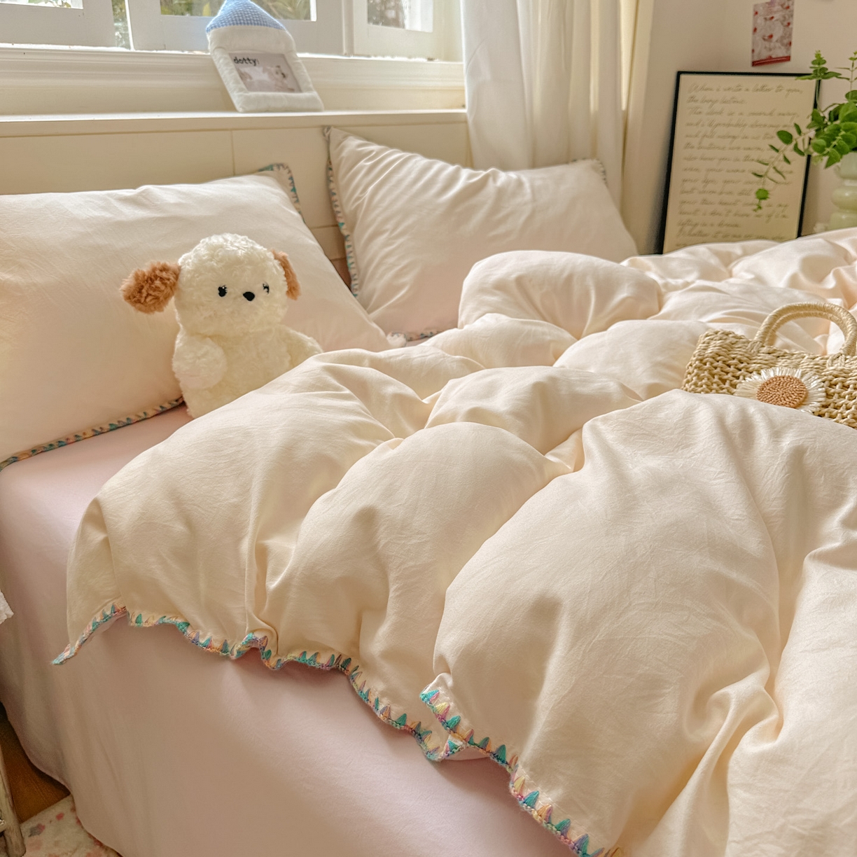 91家纺网 家纺一手货源 找家纺 冕悠家纺 2025新款A类七彩贝壳边水洗棉四件套 七彩-暮山紫芝士粉