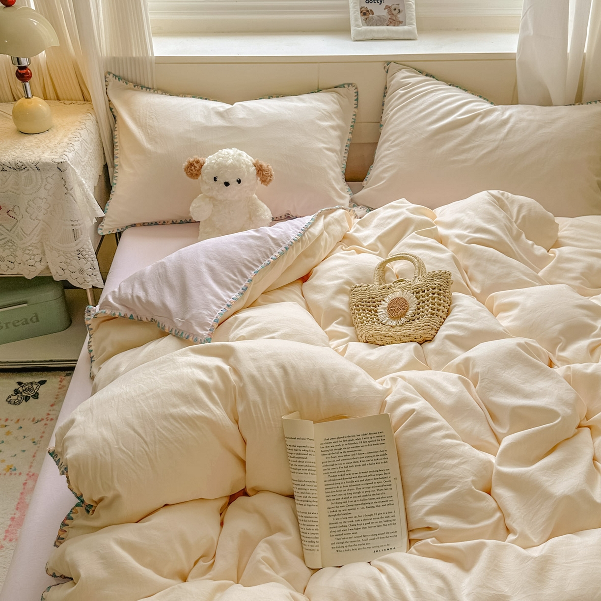 91家纺网 家纺一手货源 找家纺 冕悠家纺 2025新款A类七彩贝壳边水洗棉四件套 七彩-暮山紫芝士粉