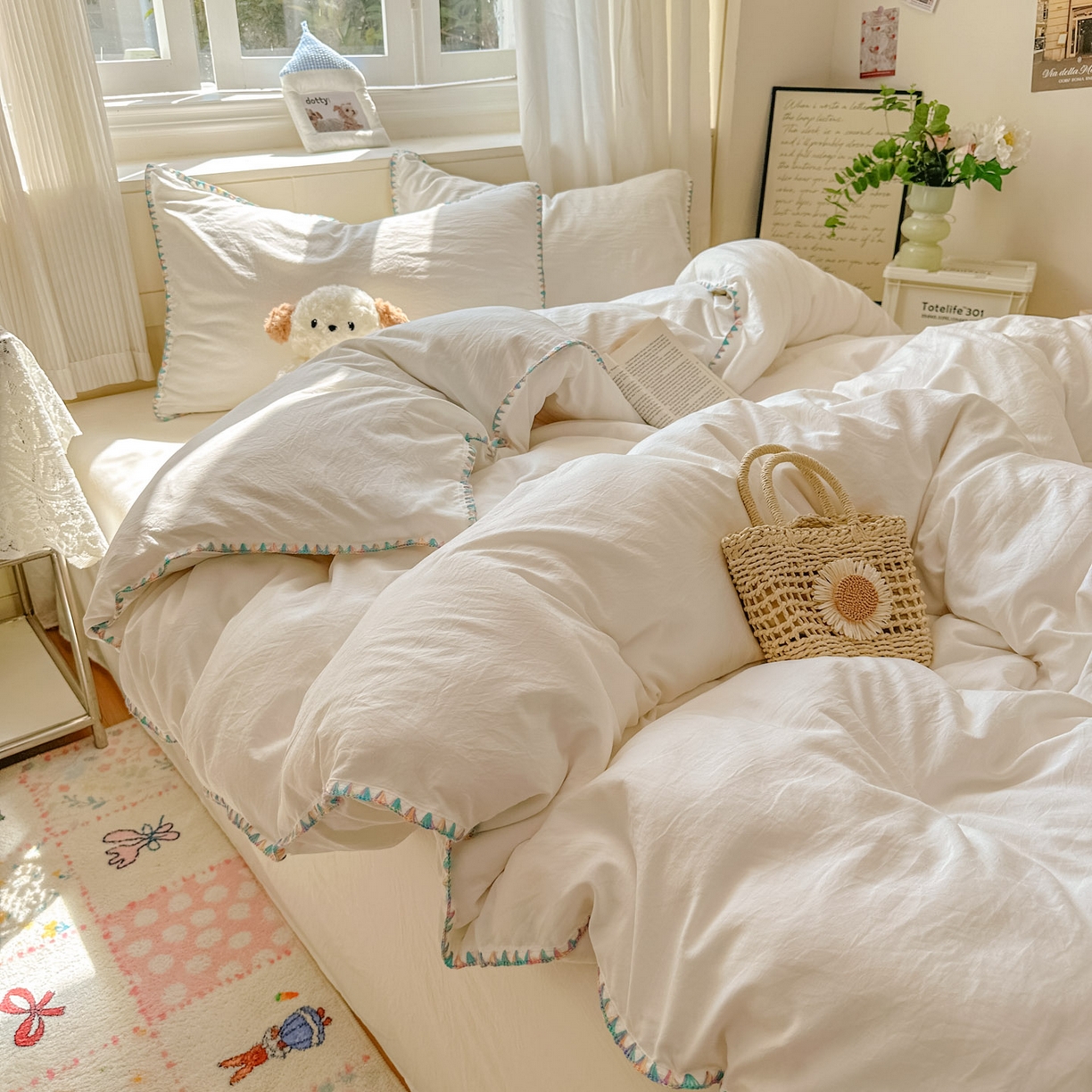 冕悠家纺 2025新款A类七彩贝壳边水洗棉四件套 七彩-奶白