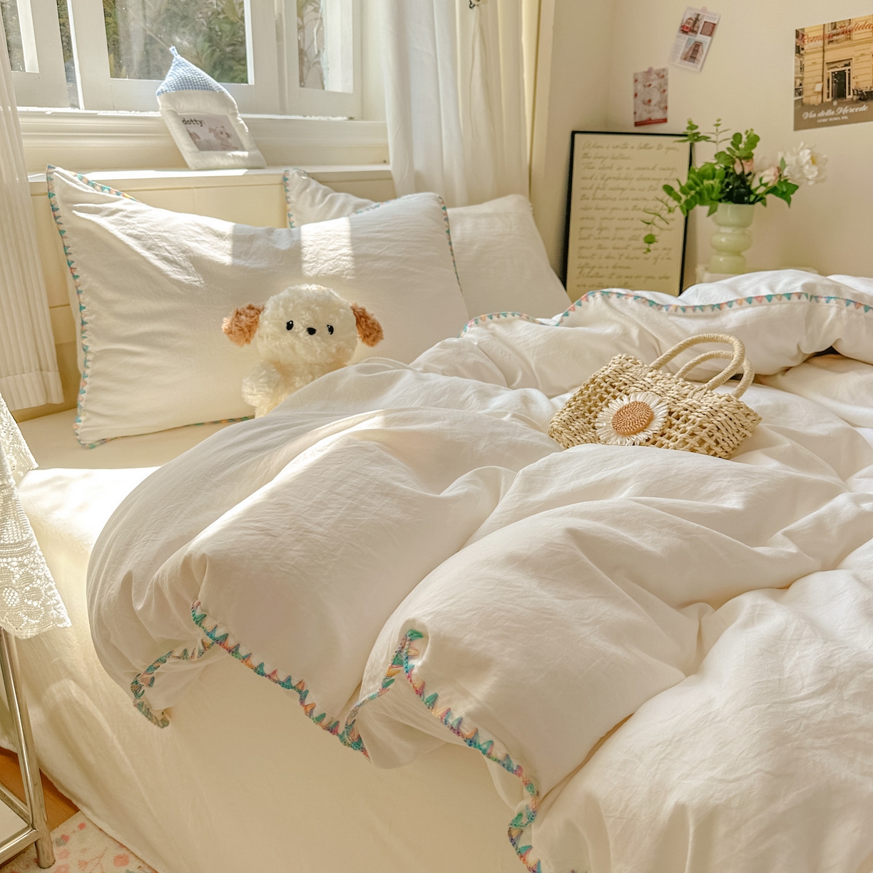 91家纺网 家纺一手货源 找家纺 冕悠家纺 2025新款A类七彩贝壳边水洗棉四件套 七彩-奶白