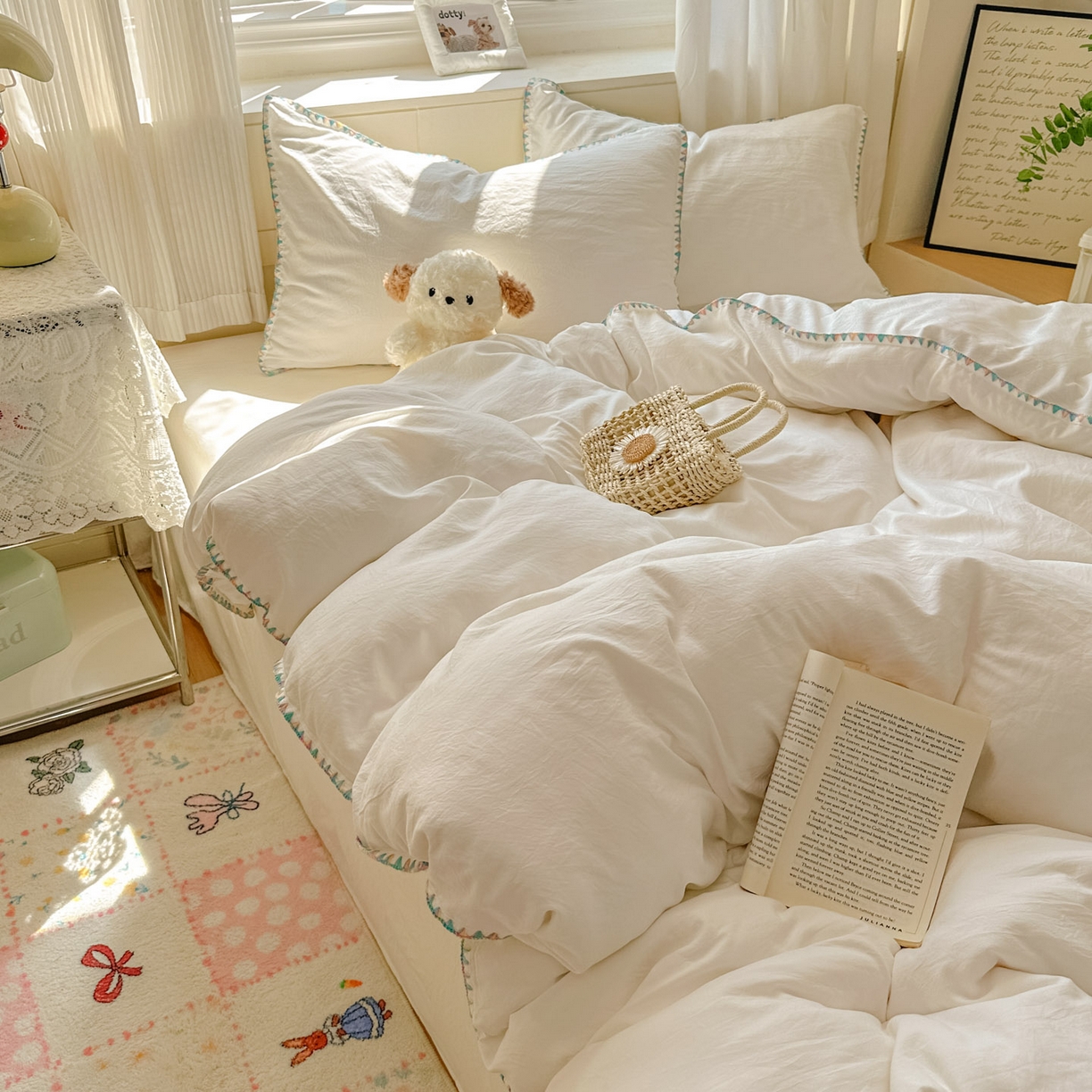 91家纺网 家纺一手货源 找家纺 冕悠家纺 2025新款A类七彩贝壳边水洗棉四件套 七彩-奶白