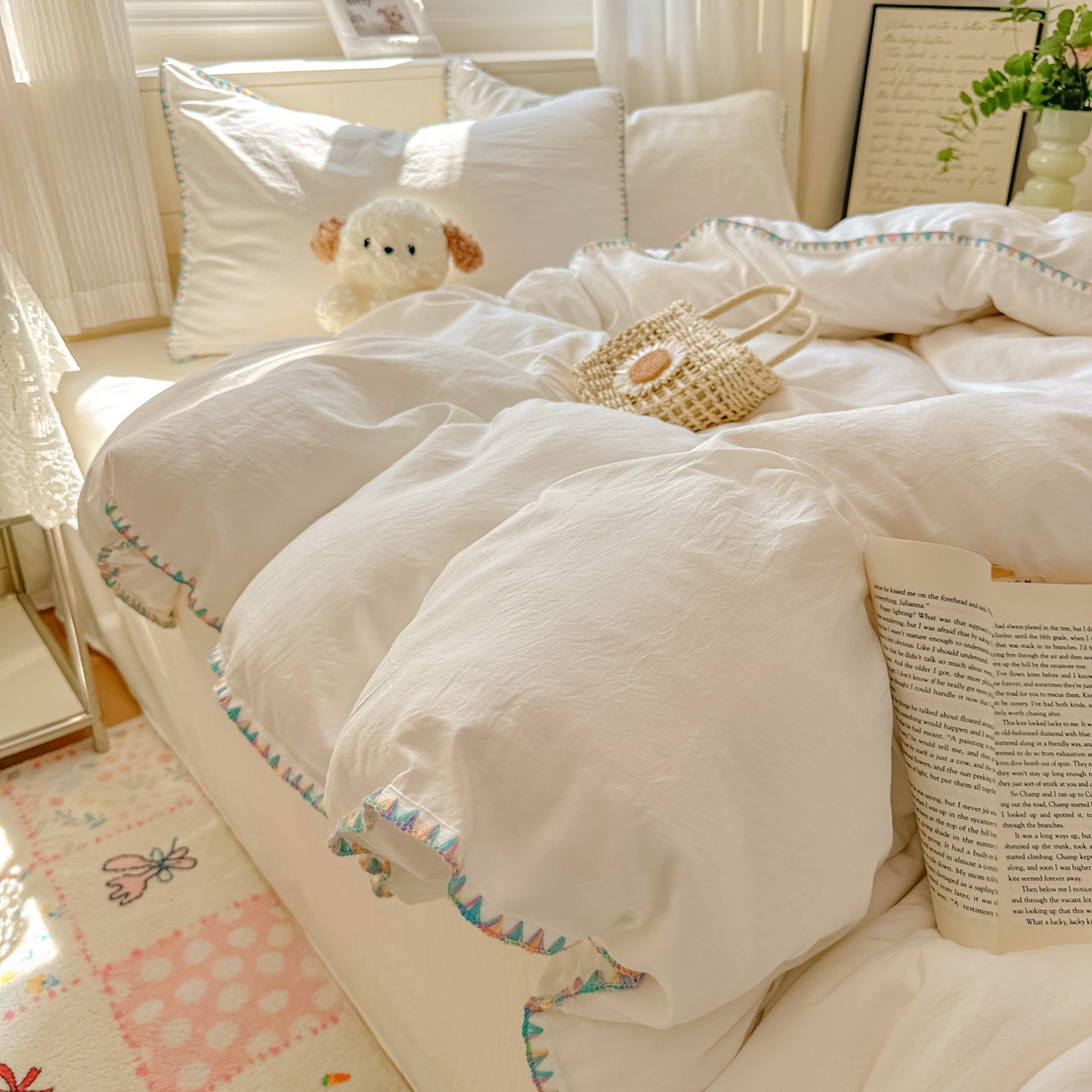 91家纺网 家纺一手货源 找家纺 冕悠家纺 2025新款A类七彩贝壳边水洗棉四件套 七彩-奶白