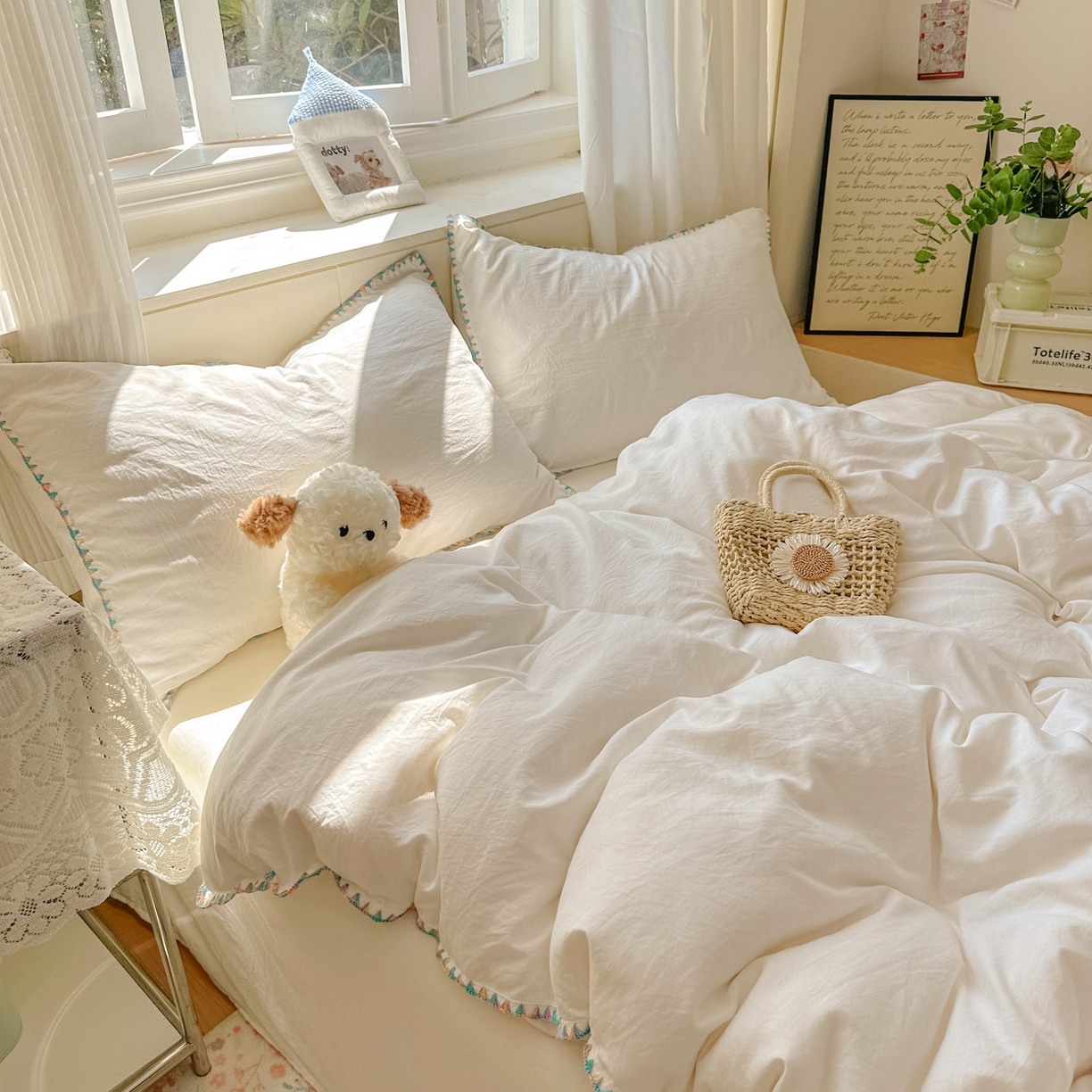 91家纺网 家纺一手货源 找家纺 冕悠家纺 2025新款A类七彩贝壳边水洗棉四件套 七彩-奶白