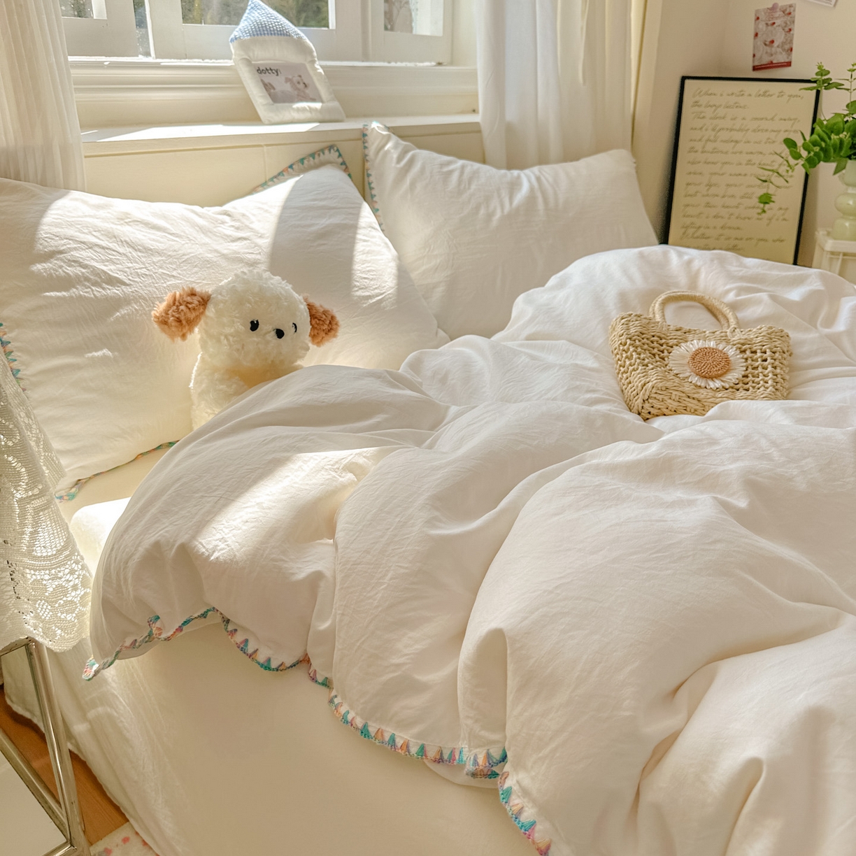 91家纺网 家纺一手货源 找家纺 冕悠家纺 2025新款A类七彩贝壳边水洗棉四件套 七彩-奶白