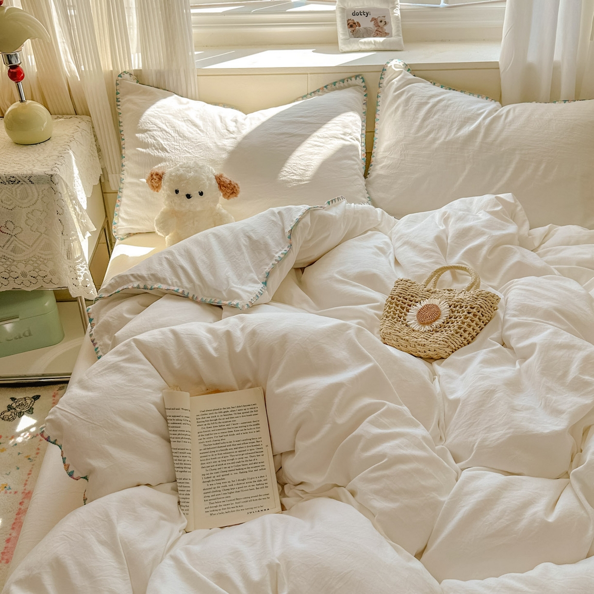 91家纺网 家纺一手货源 找家纺 冕悠家纺 2025新款A类七彩贝壳边水洗棉四件套 七彩-奶白