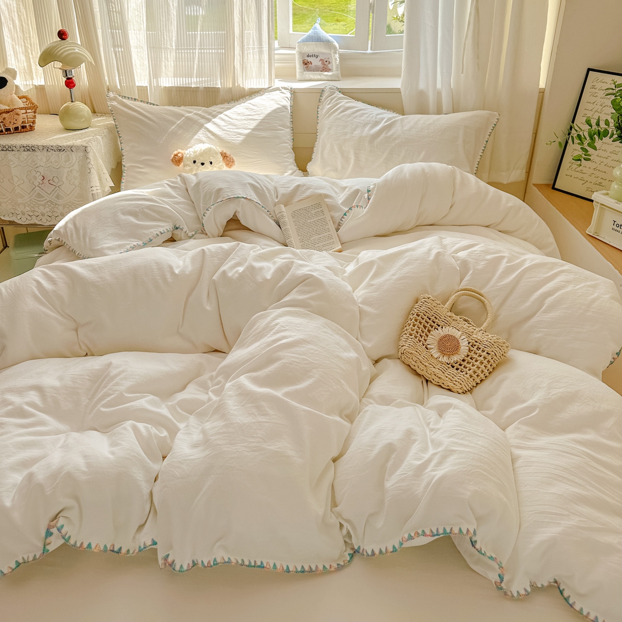 91家纺网 家纺一手货源 找家纺 冕悠家纺 2025新款A类七彩贝壳边水洗棉四件套 七彩-奶白