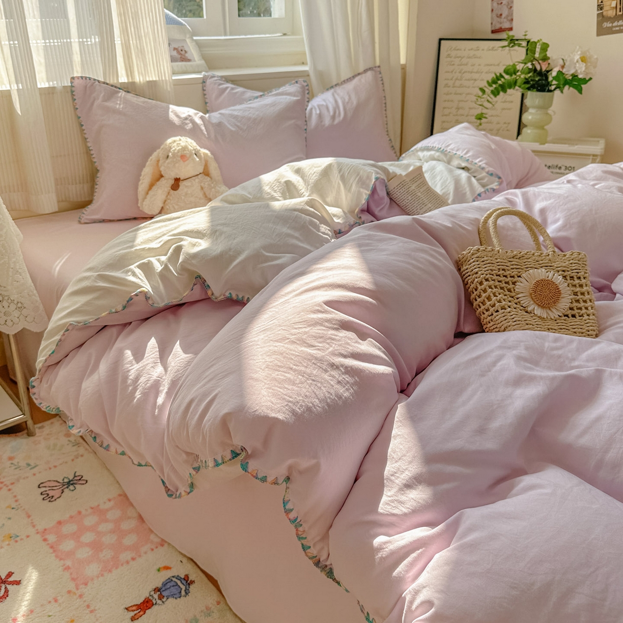 冕悠家纺 2025新款A类七彩贝壳边水洗棉四件套 七彩-奶白暮山紫