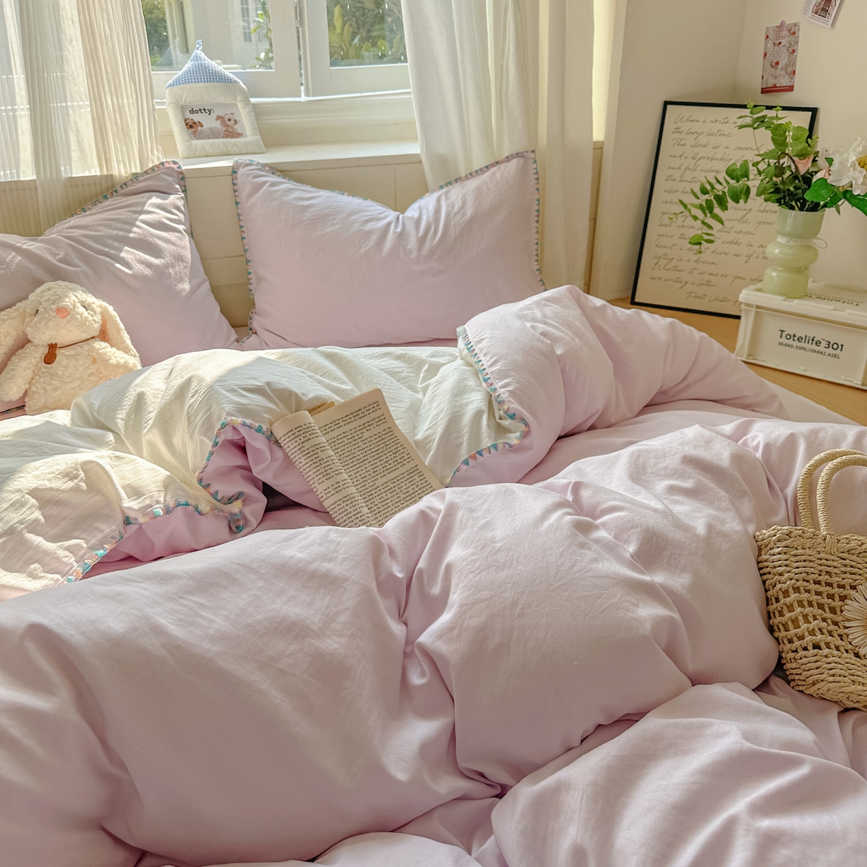 91家纺网 家纺一手货源 找家纺 冕悠家纺 2025新款A类七彩贝壳边水洗棉四件套 七彩-奶白暮山紫