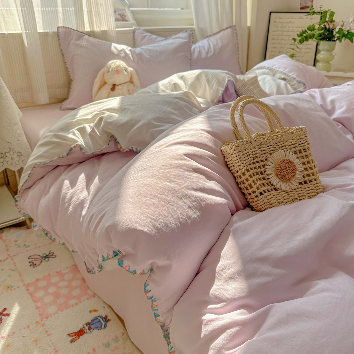 91家纺网 家纺一手货源 找家纺 冕悠家纺 2025新款A类七彩贝壳边水洗棉四件套 七彩-奶白暮山紫