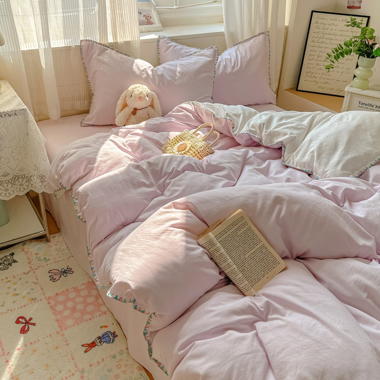 91家纺网 家纺一手货源 找家纺 冕悠家纺 2025新款A类七彩贝壳边水洗棉四件套 七彩-奶白暮山紫