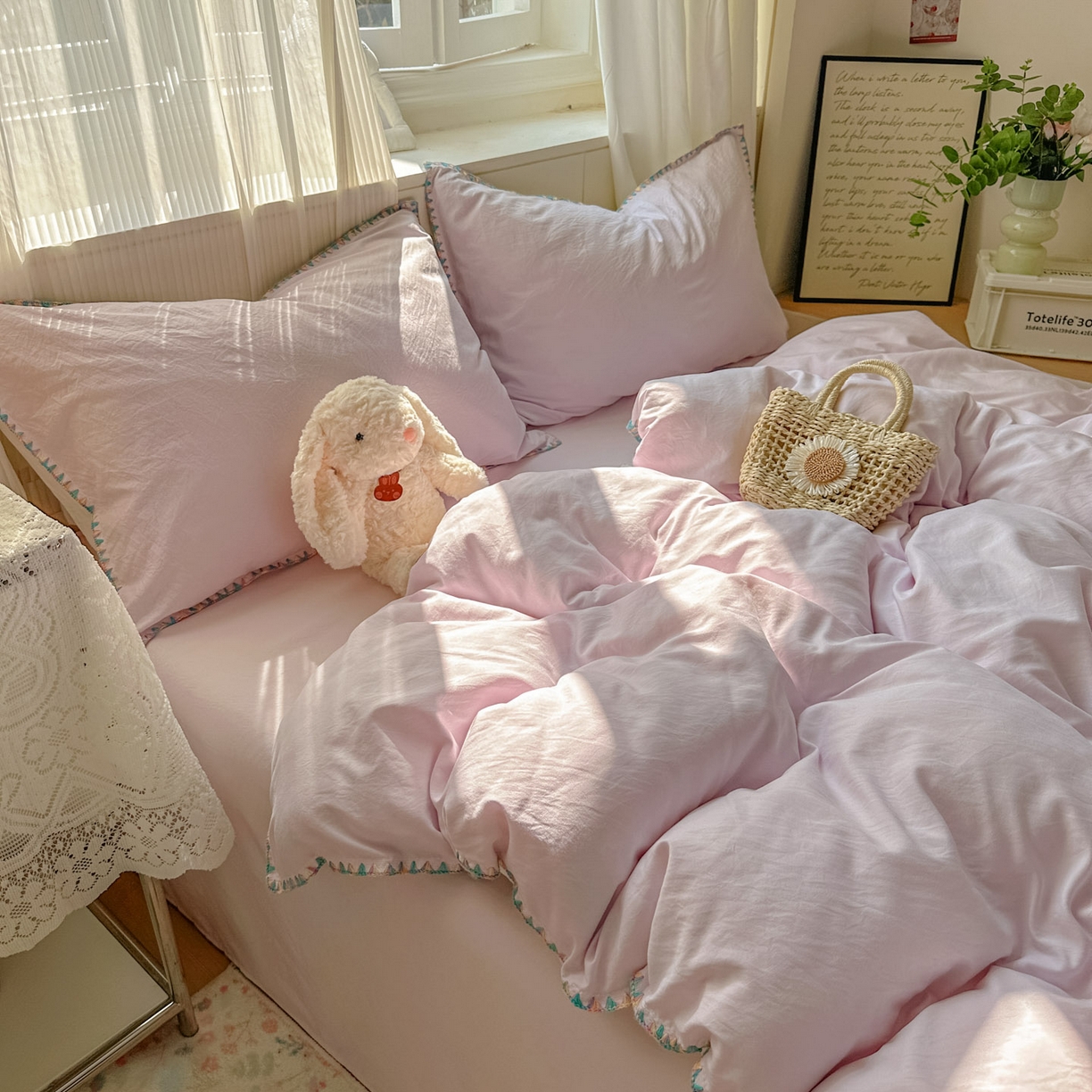 91家纺网 家纺一手货源 找家纺 冕悠家纺 2025新款A类七彩贝壳边水洗棉四件套 七彩-奶白暮山紫