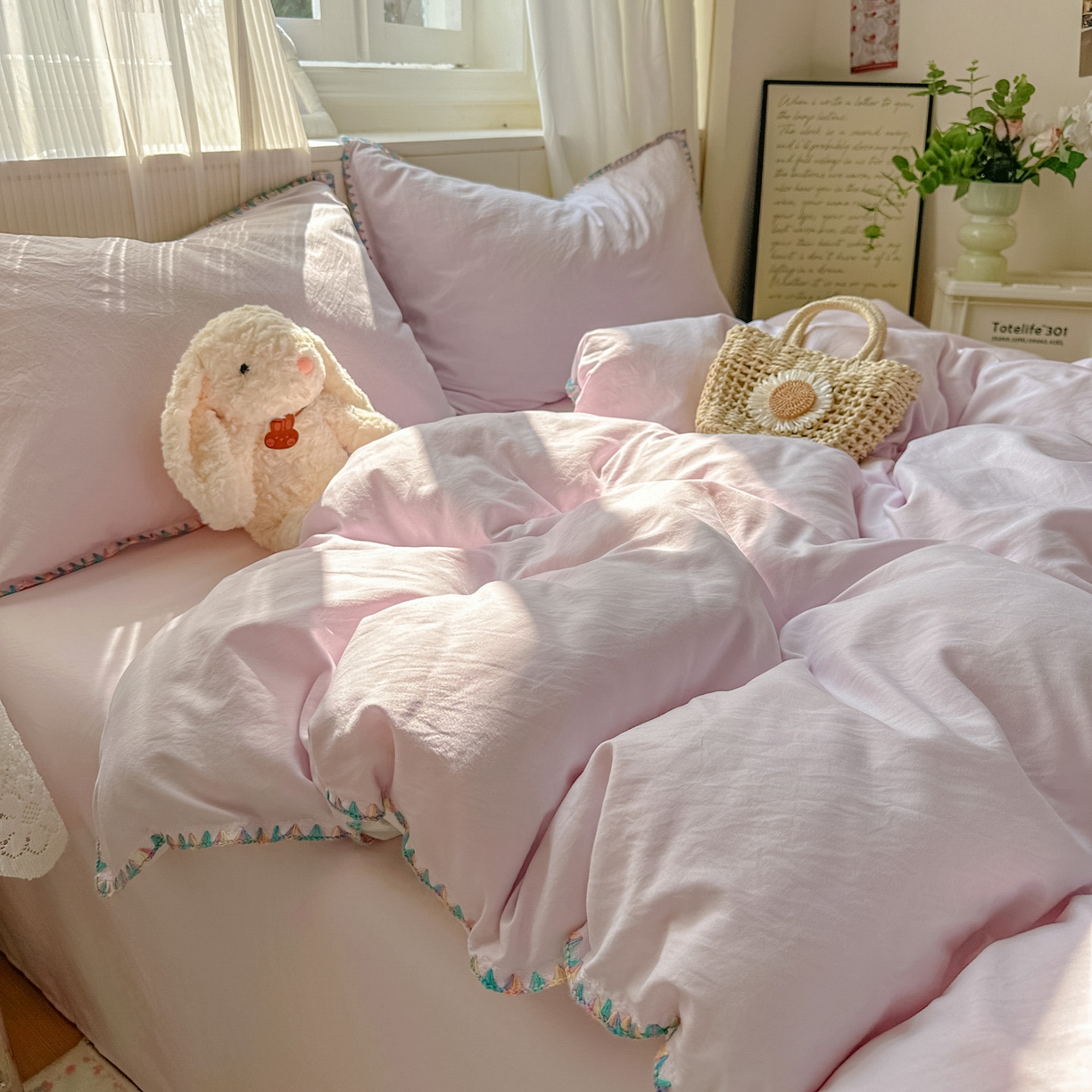 91家纺网 家纺一手货源 找家纺 冕悠家纺 2025新款A类七彩贝壳边水洗棉四件套 七彩-奶白暮山紫