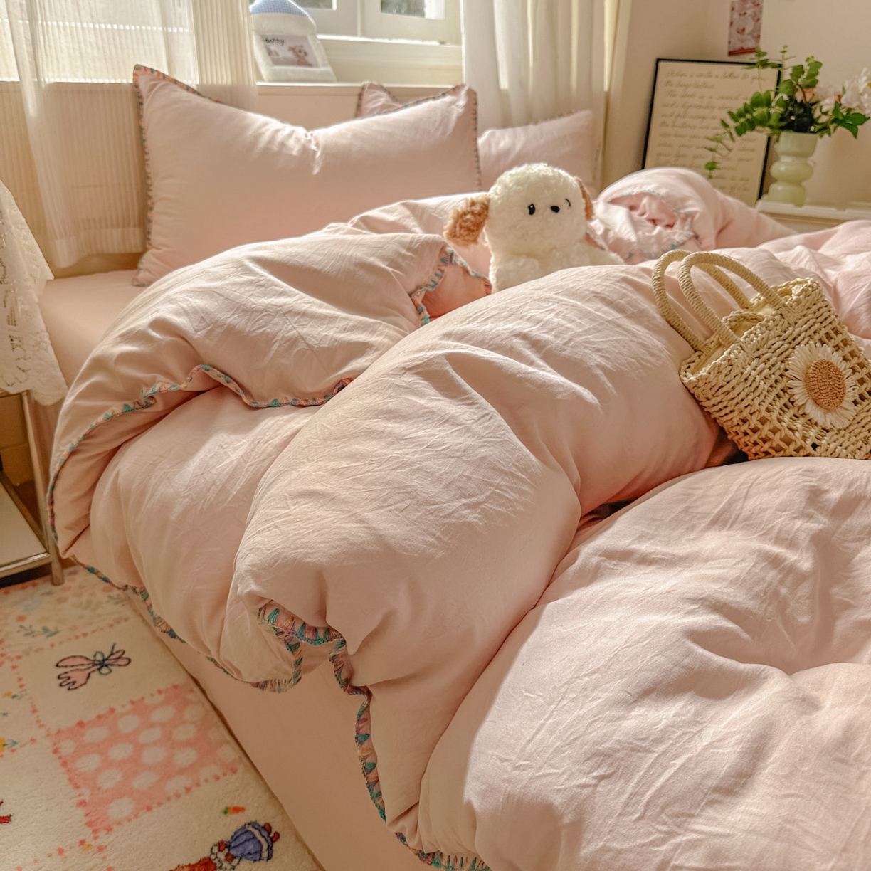 冕悠家纺 2025新款A类七彩贝壳边水洗棉四件套 七彩-藕粉