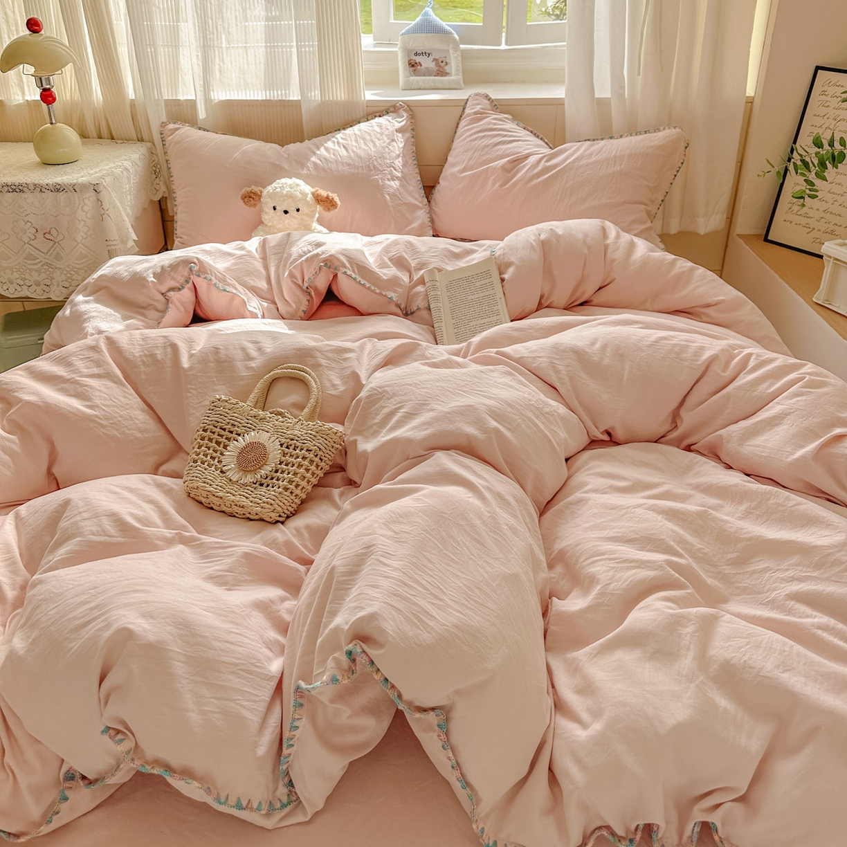 91家纺网 家纺一手货源 找家纺 冕悠家纺 2025新款A类七彩贝壳边水洗棉四件套 七彩-藕粉