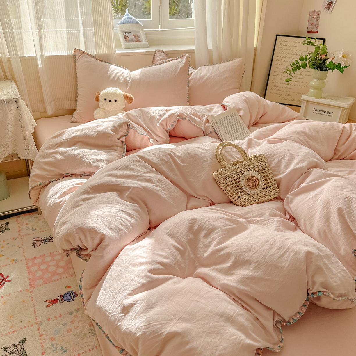 91家纺网 家纺一手货源 找家纺 冕悠家纺 2025新款A类七彩贝壳边水洗棉四件套 七彩-藕粉