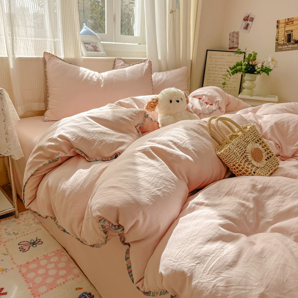 91家纺网 家纺一手货源 找家纺 冕悠家纺 2025新款A类七彩贝壳边水洗棉四件套 七彩-藕粉