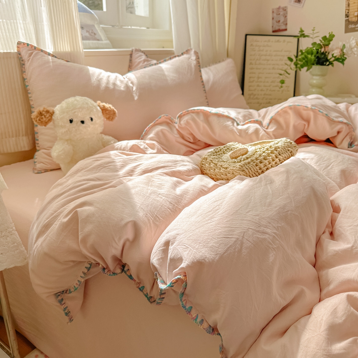 91家纺网 家纺一手货源 找家纺 冕悠家纺 2025新款A类七彩贝壳边水洗棉四件套 七彩-藕粉