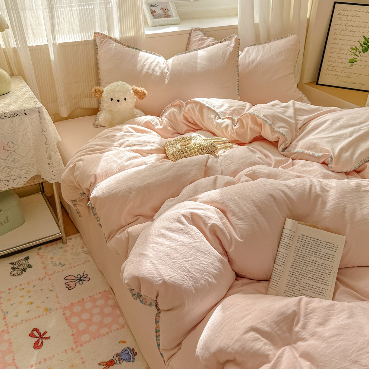 91家纺网 家纺一手货源 找家纺 冕悠家纺 2025新款A类七彩贝壳边水洗棉四件套 七彩-藕粉