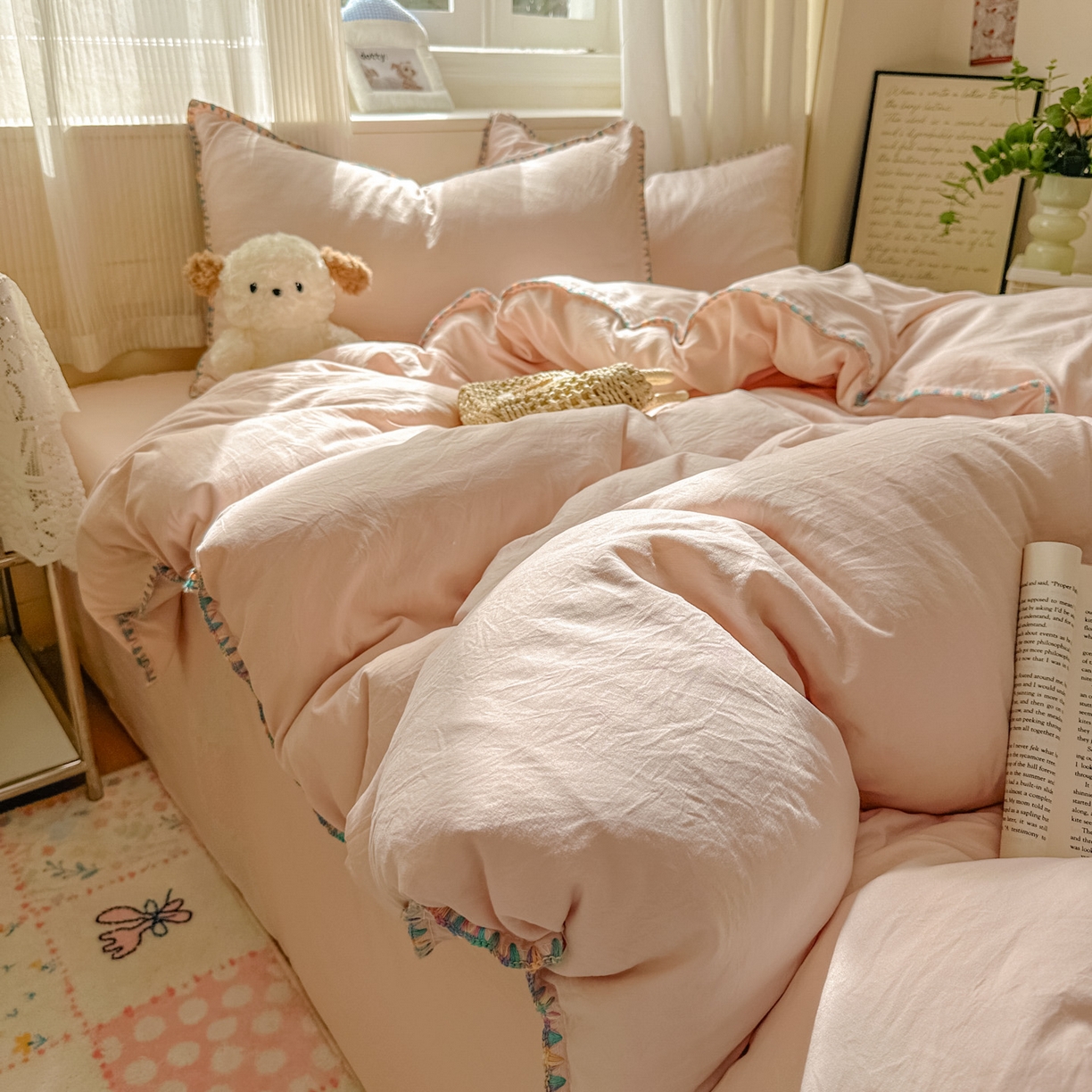 91家纺网 家纺一手货源 找家纺 冕悠家纺 2025新款A类七彩贝壳边水洗棉四件套 七彩-藕粉