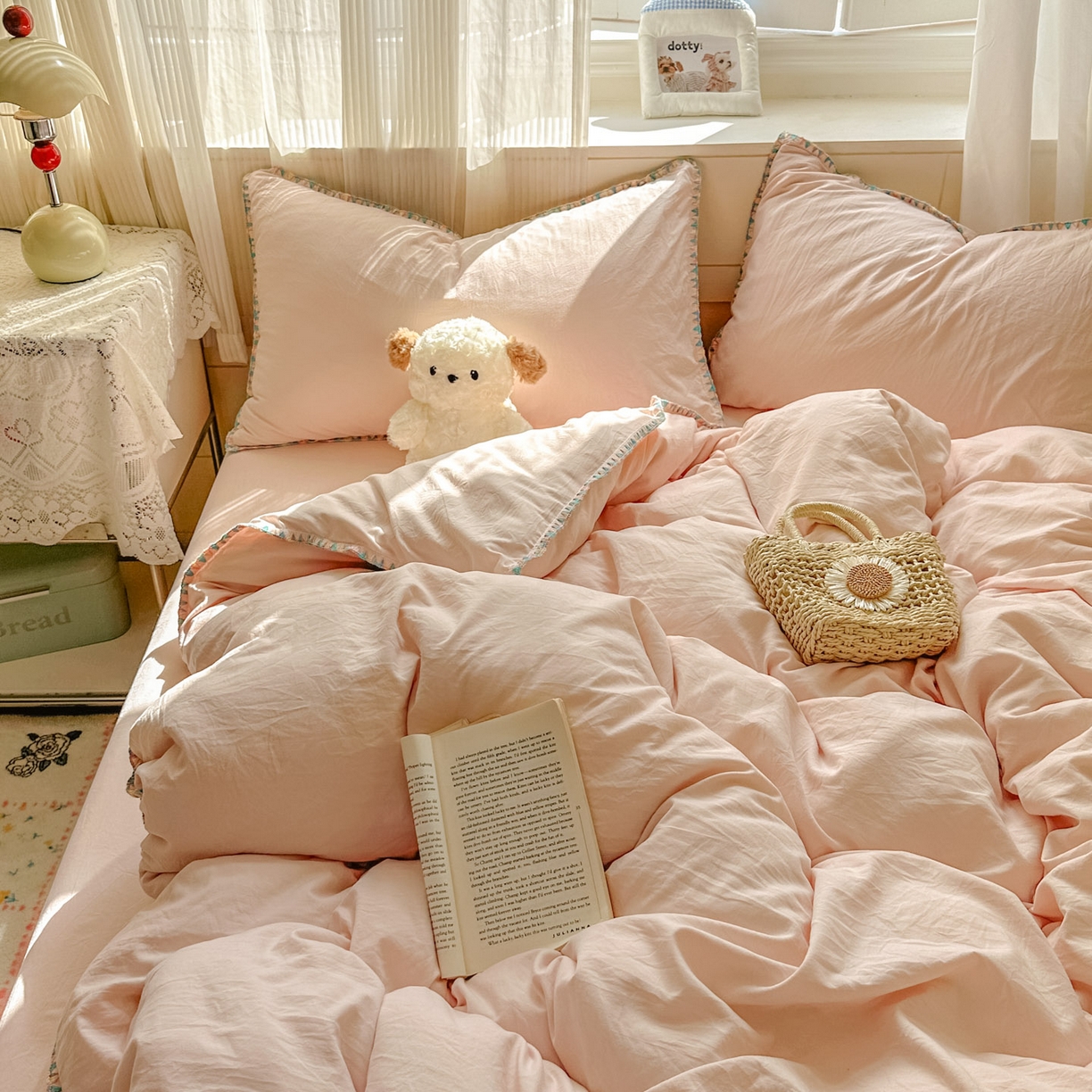 91家纺网 家纺一手货源 找家纺 冕悠家纺 2025新款A类七彩贝壳边水洗棉四件套 七彩-藕粉