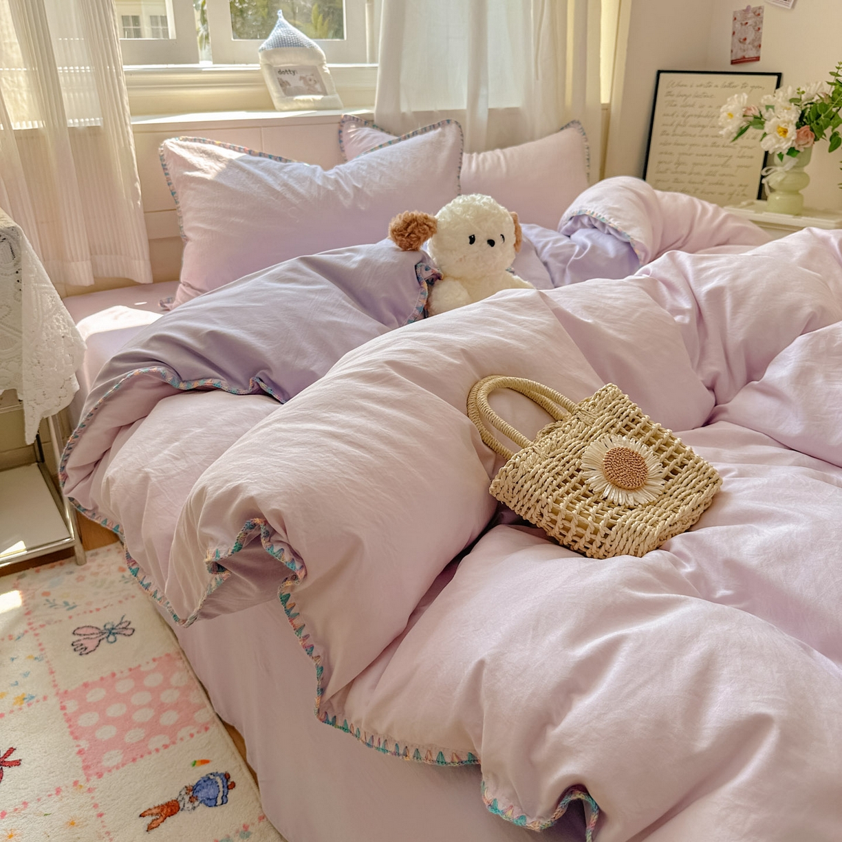 冕悠家纺 2025新款A类七彩贝壳边水洗棉四件套 七彩-深紫暮山紫