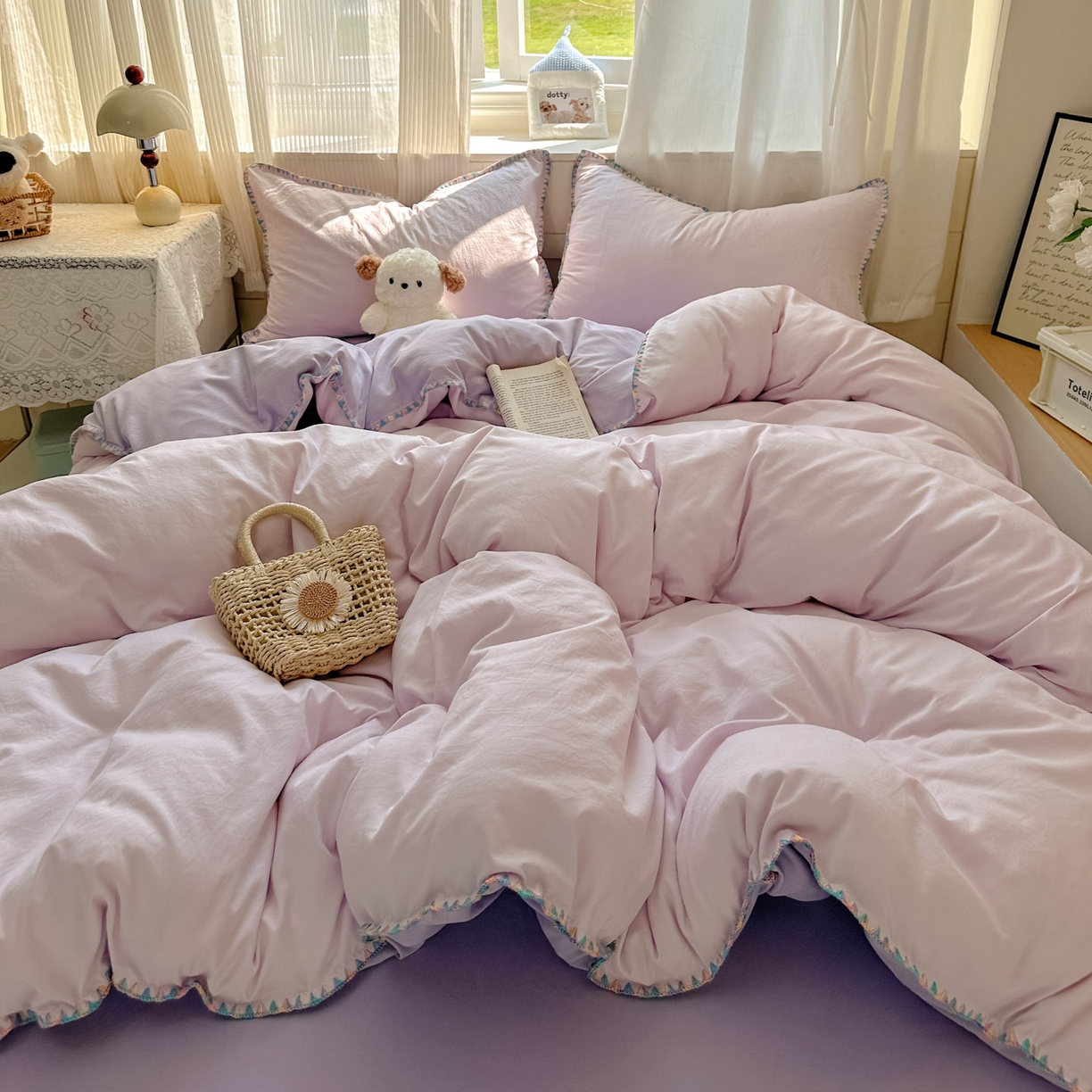 91家纺网 家纺一手货源 找家纺 冕悠家纺 2025新款A类七彩贝壳边水洗棉四件套 七彩-深紫暮山紫