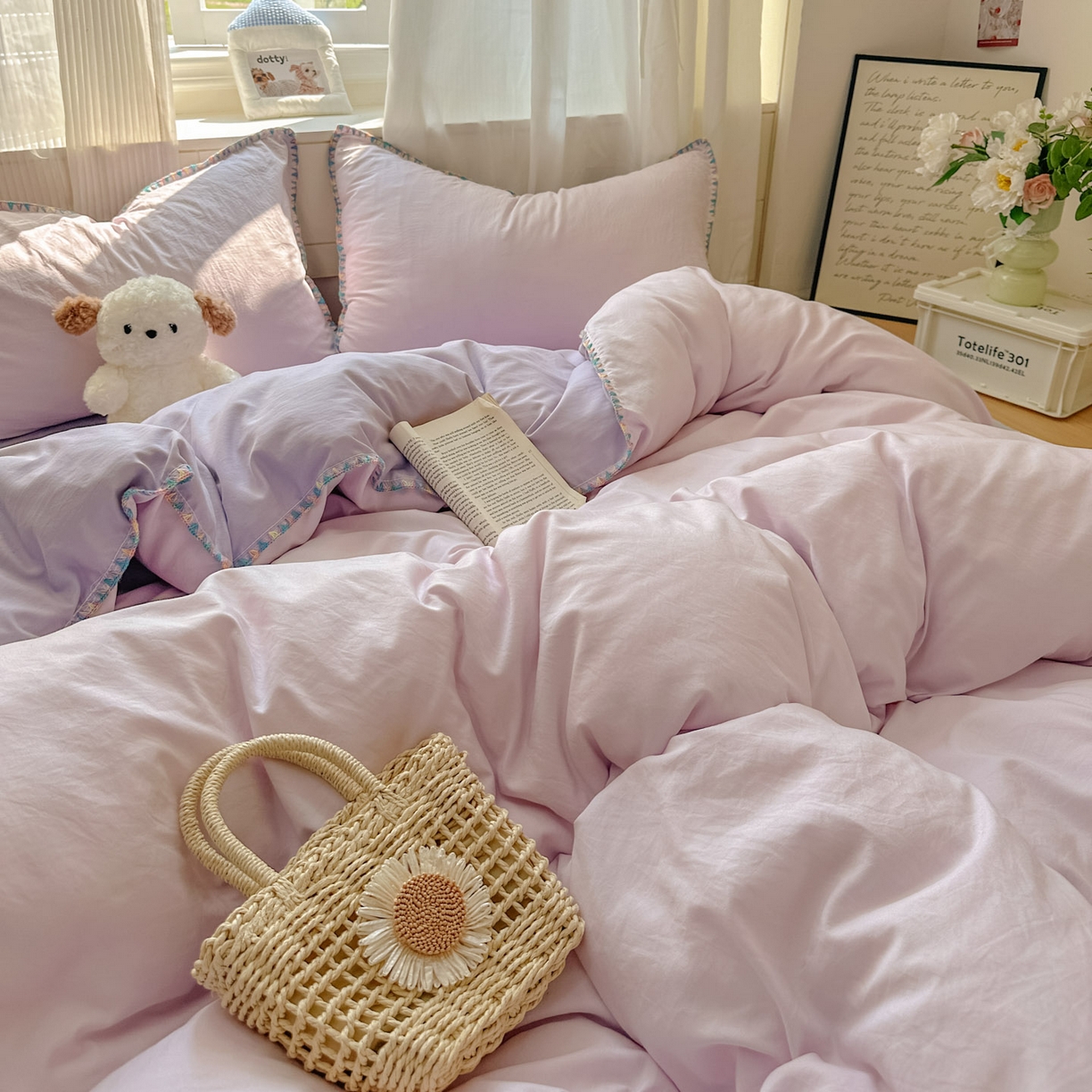 91家纺网 家纺一手货源 找家纺 冕悠家纺 2025新款A类七彩贝壳边水洗棉四件套 七彩-深紫暮山紫