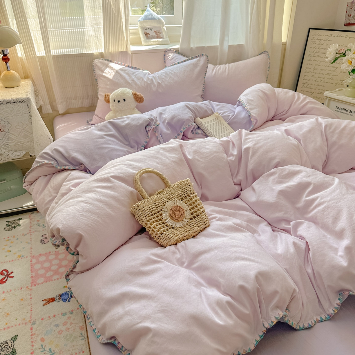 91家纺网 家纺一手货源 找家纺 冕悠家纺 2025新款A类七彩贝壳边水洗棉四件套 七彩-深紫暮山紫