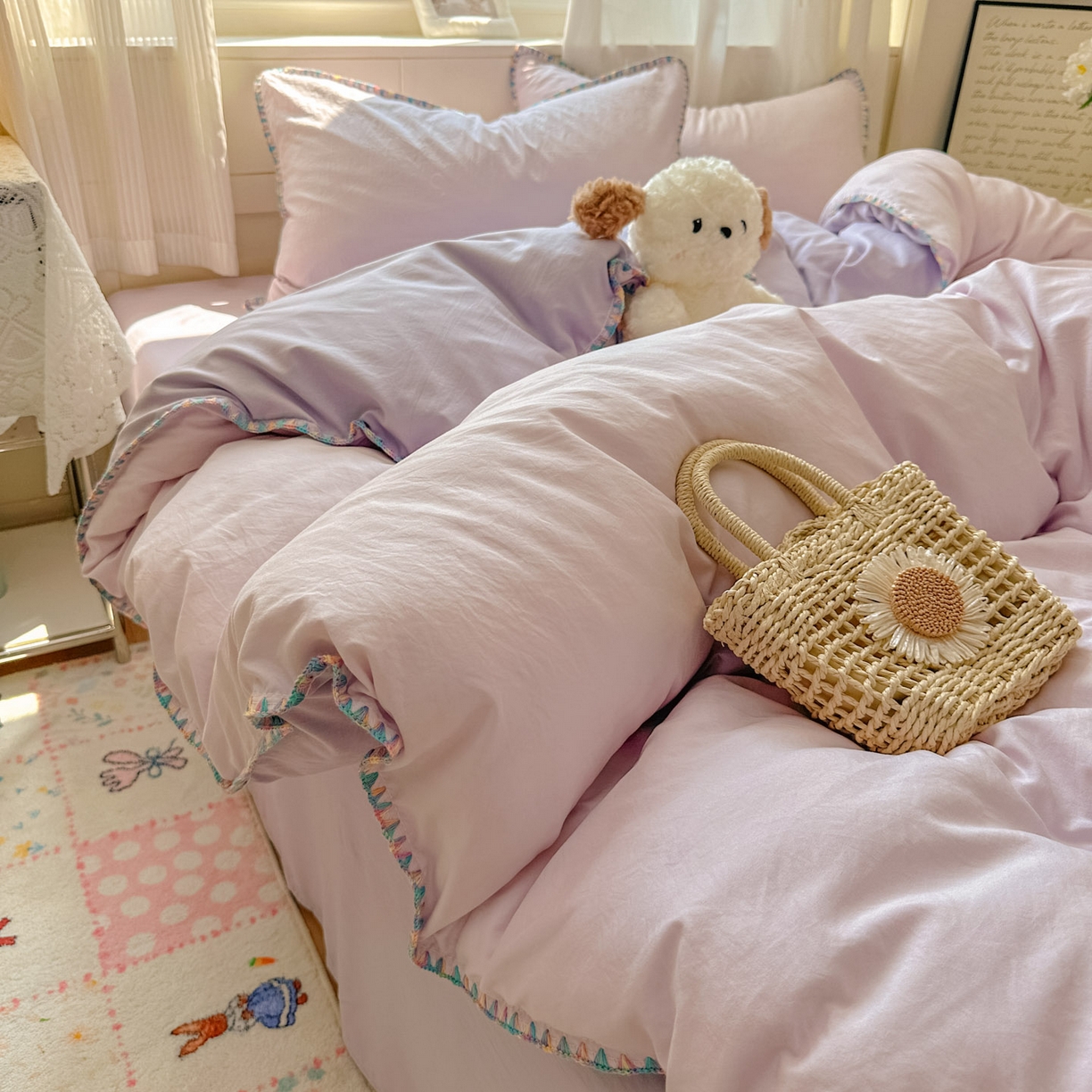 91家纺网 家纺一手货源 找家纺 冕悠家纺 2025新款A类七彩贝壳边水洗棉四件套 七彩-深紫暮山紫