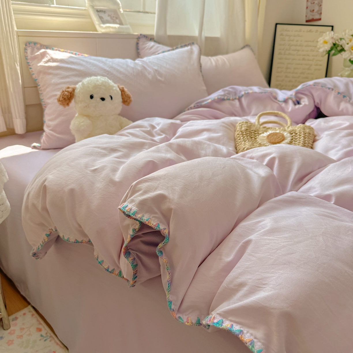 91家纺网 家纺一手货源 找家纺 冕悠家纺 2025新款A类七彩贝壳边水洗棉四件套 七彩-深紫暮山紫