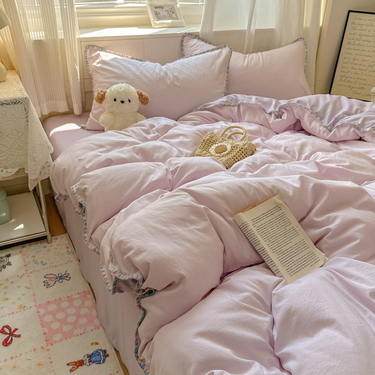 91家纺网 家纺一手货源 找家纺 冕悠家纺 2025新款A类七彩贝壳边水洗棉四件套 七彩-深紫暮山紫