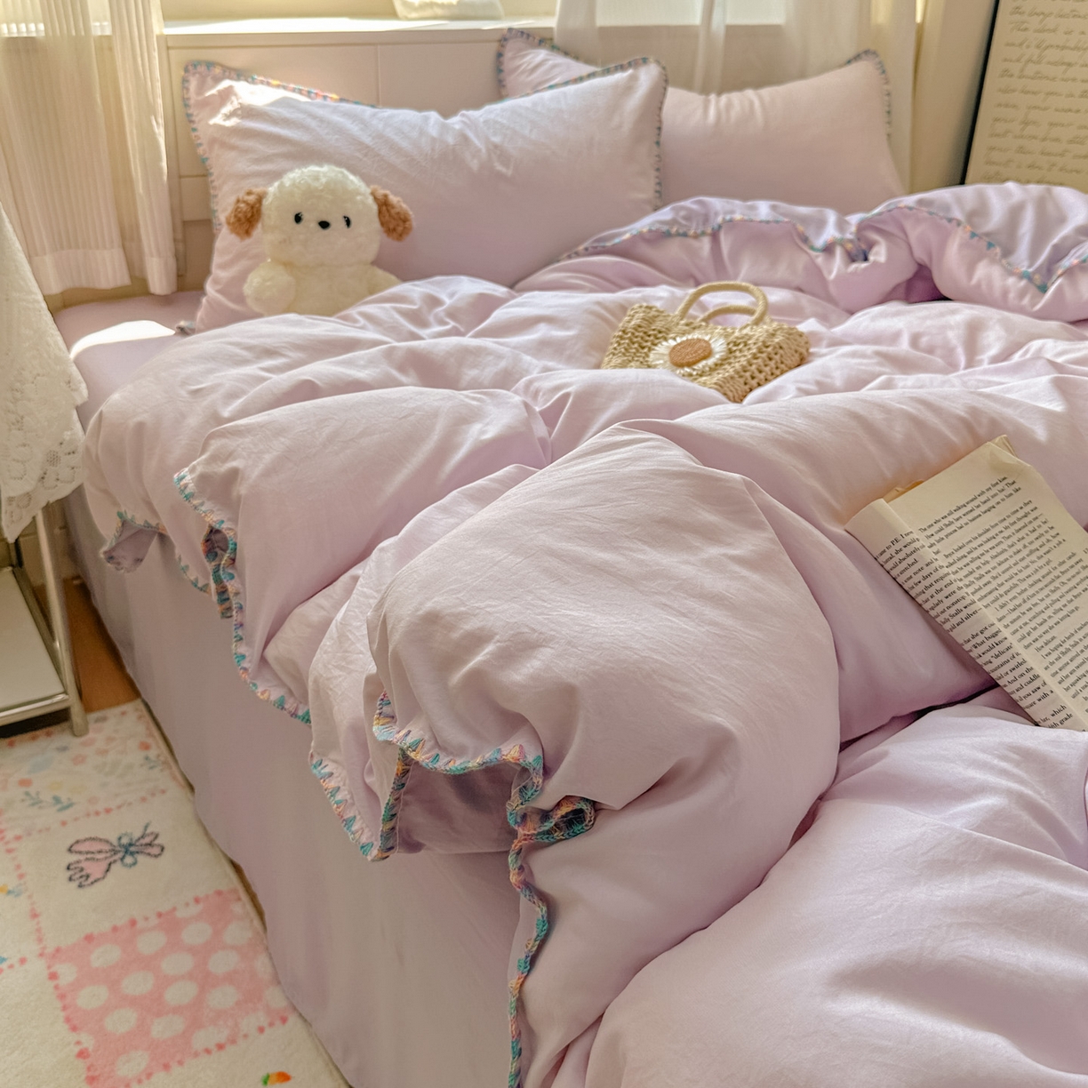 91家纺网 家纺一手货源 找家纺 冕悠家纺 2025新款A类七彩贝壳边水洗棉四件套 七彩-深紫暮山紫