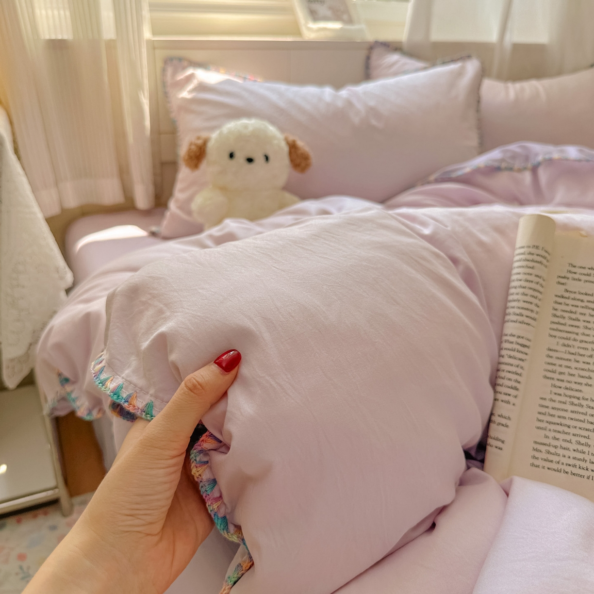 91家纺网 家纺一手货源 找家纺 冕悠家纺 2025新款A类七彩贝壳边水洗棉四件套 七彩-深紫暮山紫