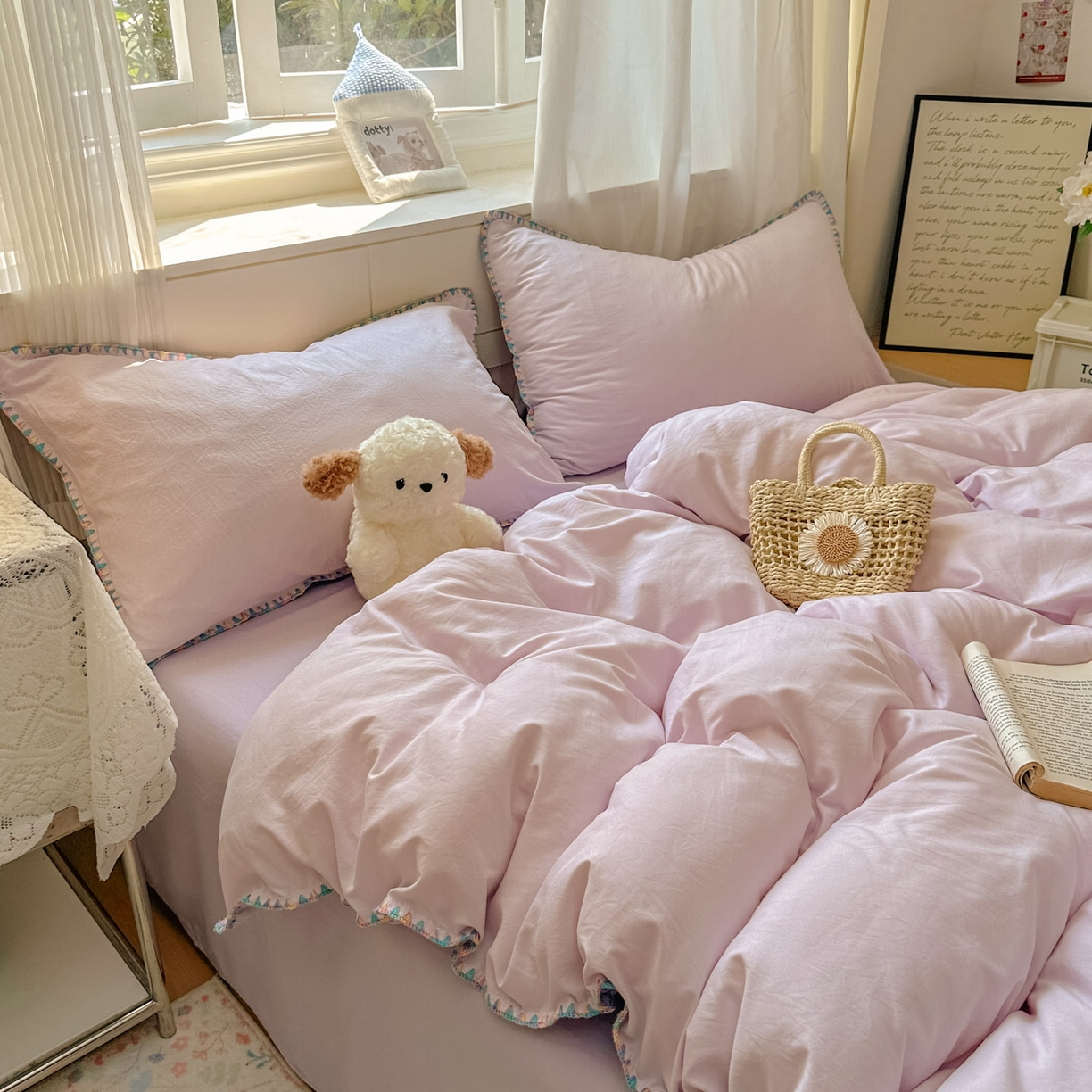 91家纺网 家纺一手货源 找家纺 冕悠家纺 2025新款A类七彩贝壳边水洗棉四件套 七彩-深紫暮山紫