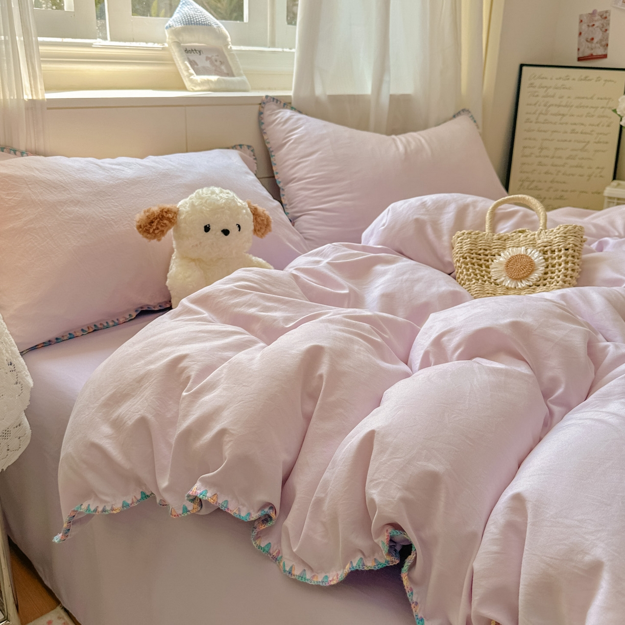 91家纺网 家纺一手货源 找家纺 冕悠家纺 2025新款A类七彩贝壳边水洗棉四件套 七彩-深紫暮山紫