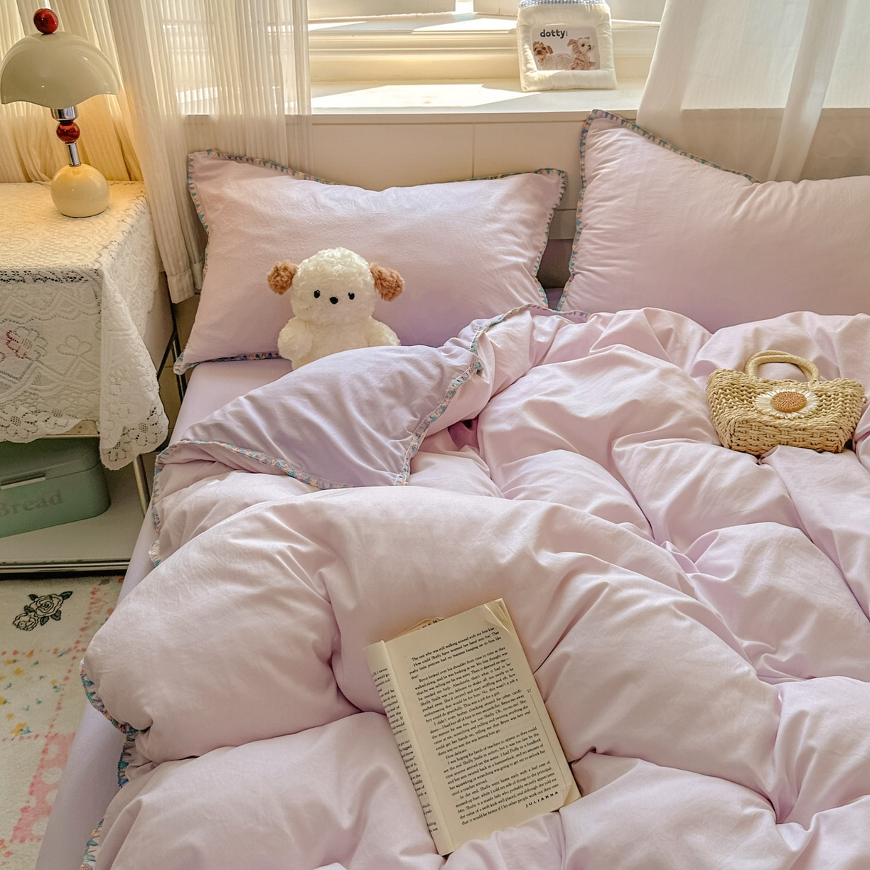 91家纺网 家纺一手货源 找家纺 冕悠家纺 2025新款A类七彩贝壳边水洗棉四件套 七彩-深紫暮山紫