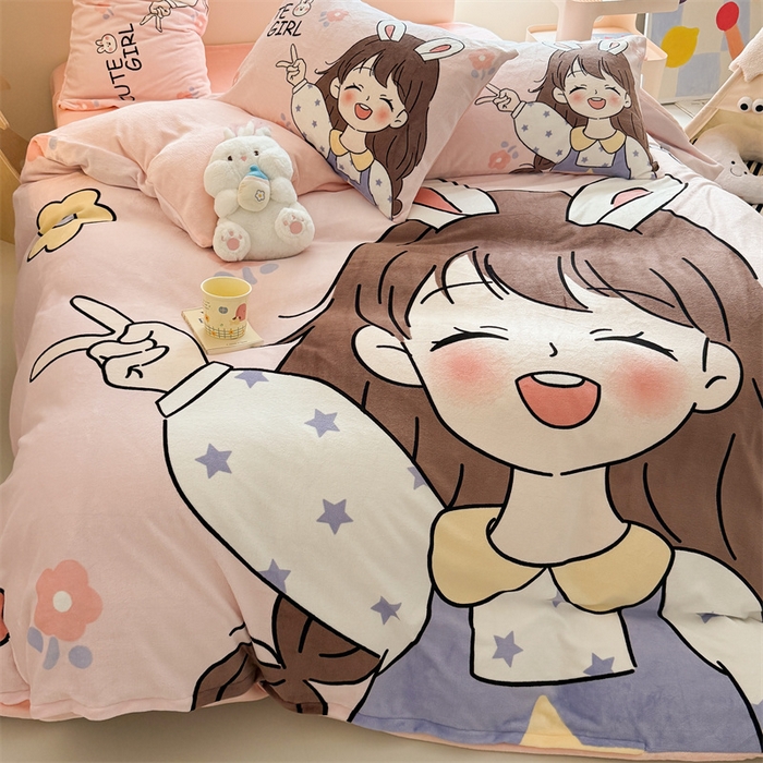 91家纺网 家纺一手货源 找家纺 茉保家纺 2025新款大板卡通加厚牛奶绒印花四件套 活泼女孩