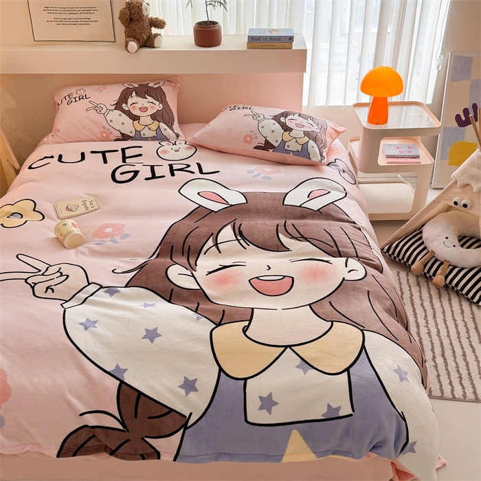 91家纺网 家纺一手货源 找家纺 茉保家纺 2025新款大板卡通加厚牛奶绒印花四件套 活泼女孩