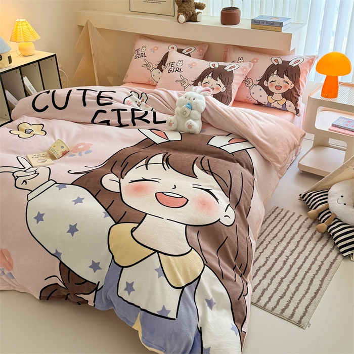 91家纺网 家纺一手货源 找家纺 茉保家纺 2025新款大板卡通加厚牛奶绒印花四件套 活泼女孩