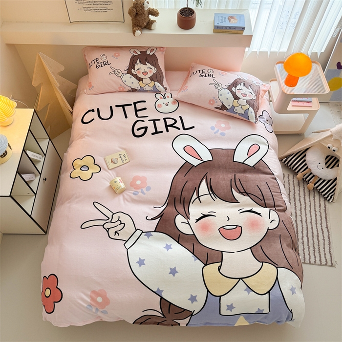 91家纺网 家纺一手货源 找家纺 茉保家纺 2025新款大板卡通加厚牛奶绒印花四件套 活泼女孩