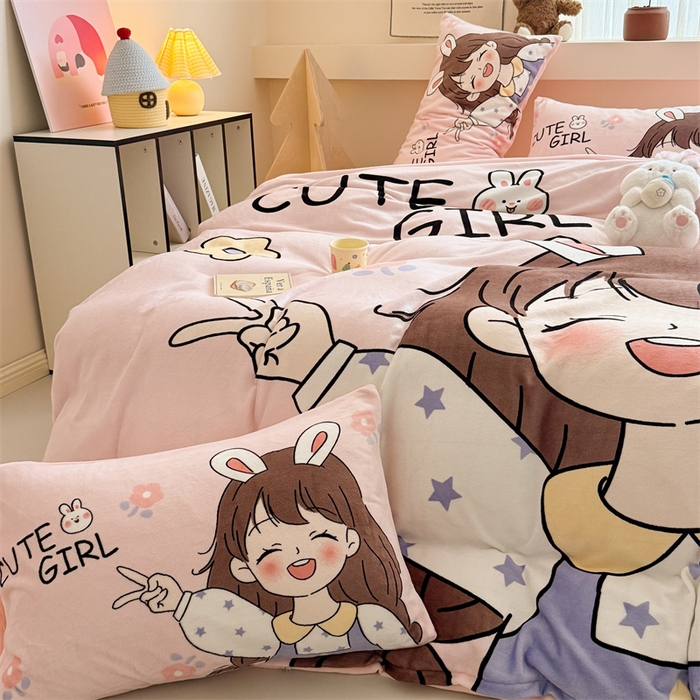 91家纺网 家纺一手货源 找家纺 茉保家纺 2025新款大板卡通加厚牛奶绒印花四件套 活泼女孩