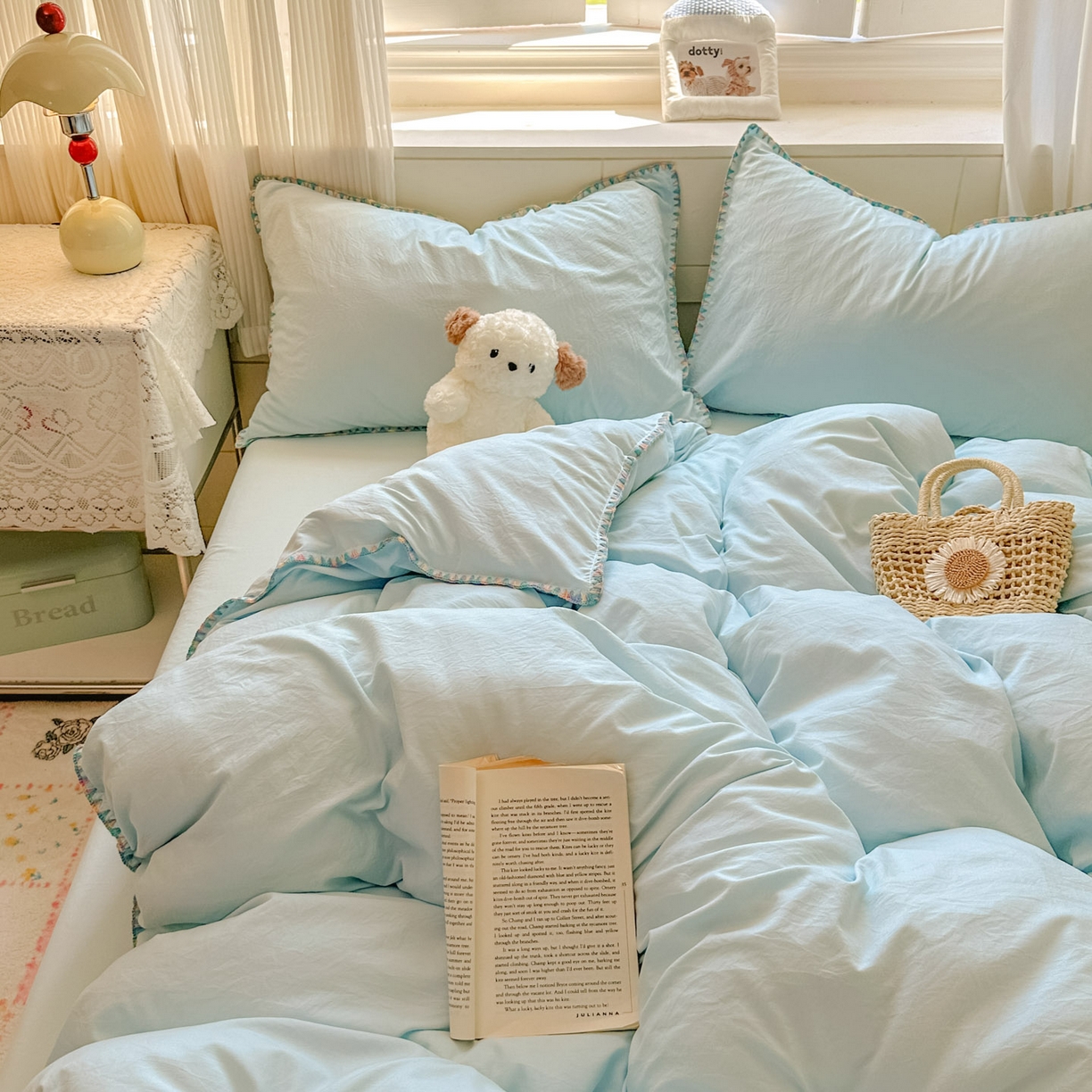 91家纺网 家纺一手货源 找家纺 冕悠家纺 2025新款A类七彩贝壳边水洗棉四件套 七彩-云水蓝