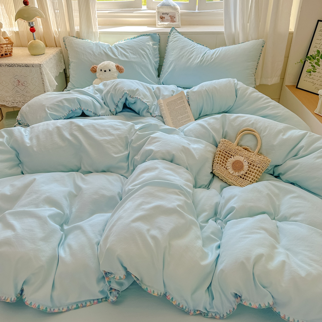 91家纺网 家纺一手货源 找家纺 冕悠家纺 2025新款A类七彩贝壳边水洗棉四件套 七彩-云水蓝