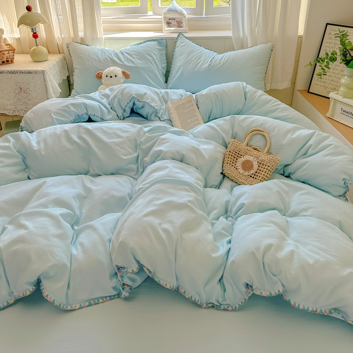 91家纺网 家纺一手货源 找家纺 冕悠家纺 2025新款A类七彩贝壳边水洗棉四件套 七彩-云水蓝