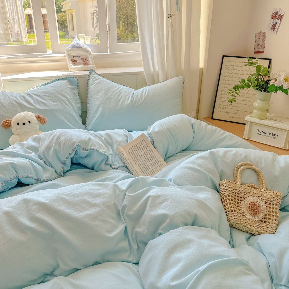 91家纺网 家纺一手货源 找家纺 冕悠家纺 2025新款A类七彩贝壳边水洗棉四件套 七彩-云水蓝