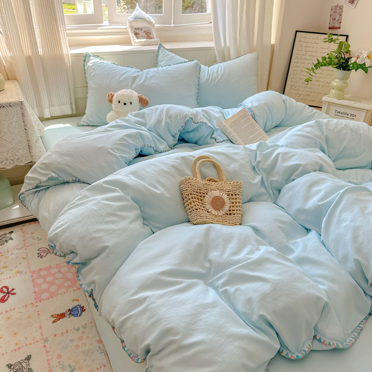 91家纺网 家纺一手货源 找家纺 冕悠家纺 2025新款A类七彩贝壳边水洗棉四件套 七彩-云水蓝